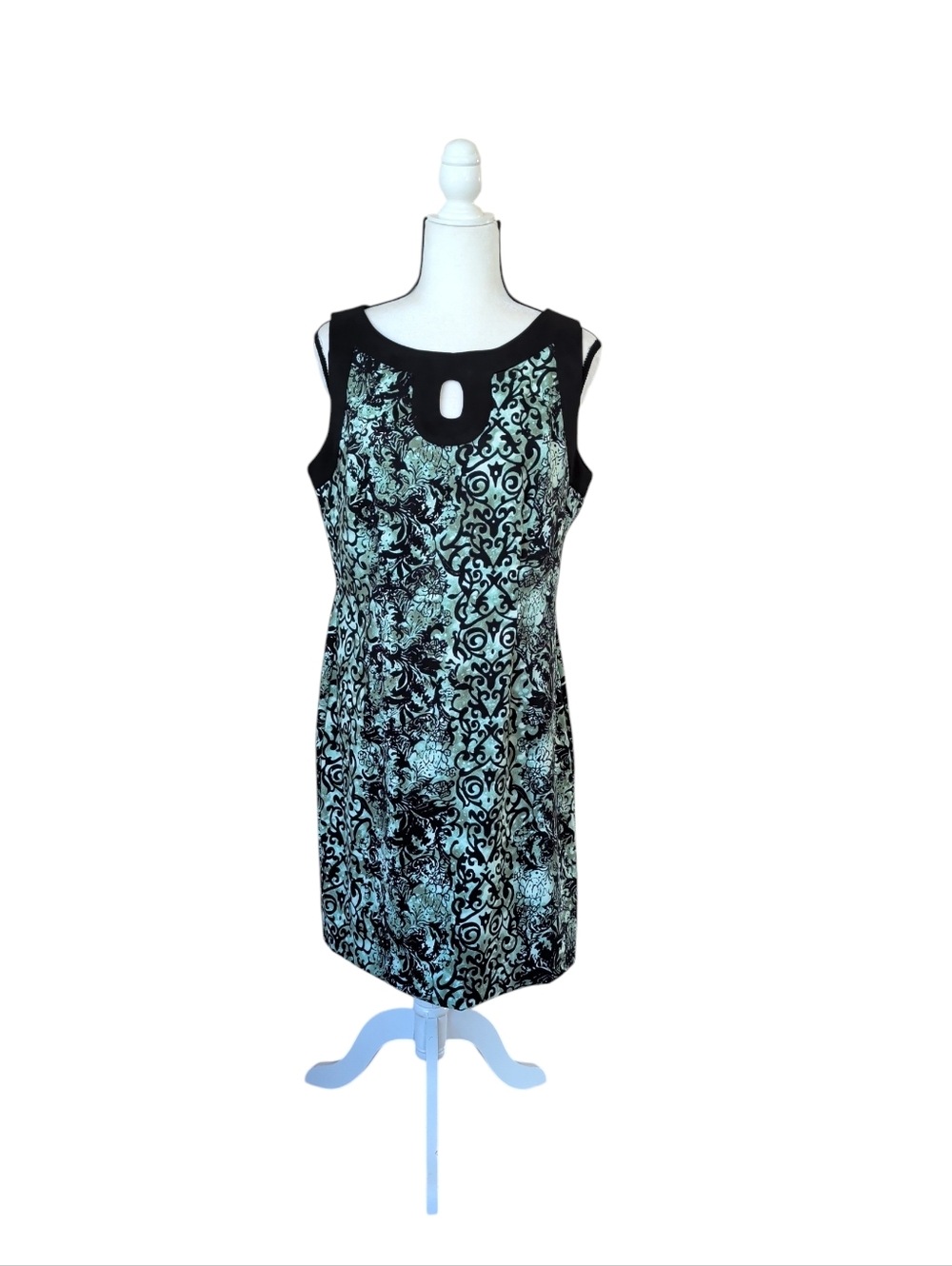 Dressbarn Keyhole Neck Damask Sheath Sleeveless Midi Dress 14 Black Green